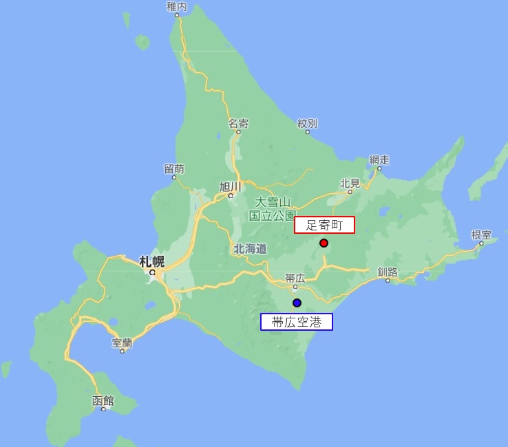 北海道の地図。帯広空港と足寄町。